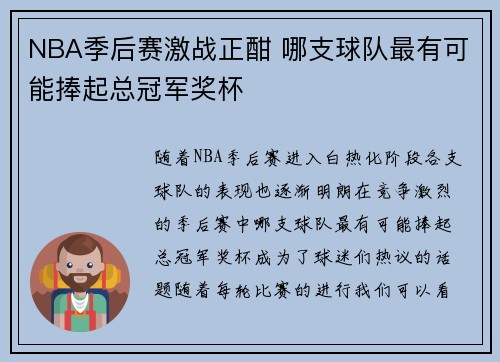 NBA季后赛激战正酣 哪支球队最有可能捧起总冠军奖杯