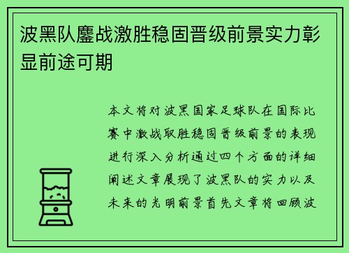 波黑队鏖战激胜稳固晋级前景实力彰显前途可期