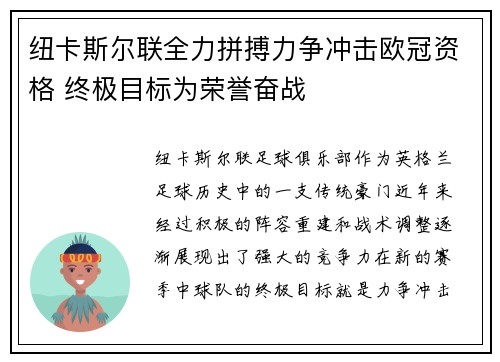 纽卡斯尔联全力拼搏力争冲击欧冠资格 终极目标为荣誉奋战