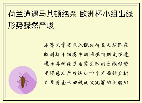 荷兰遭遇马其顿绝杀 欧洲杯小组出线形势骤然严峻