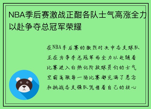 NBA季后赛激战正酣各队士气高涨全力以赴争夺总冠军荣耀
