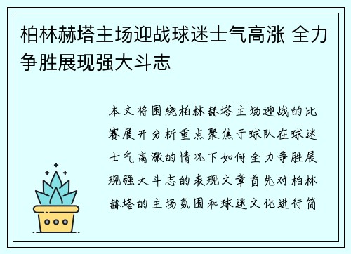 柏林赫塔主场迎战球迷士气高涨 全力争胜展现强大斗志